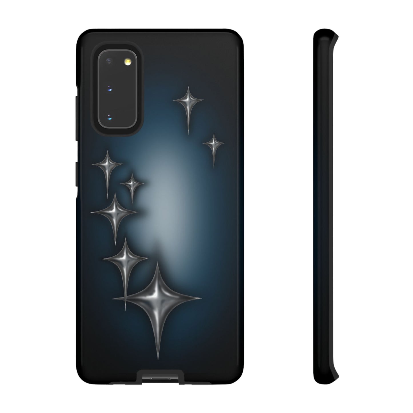 Star girl samsung galaxy s20 phone case blue, teal, black phone case with chrome stars design making a gothic, emo, edgy, unique phone case front view