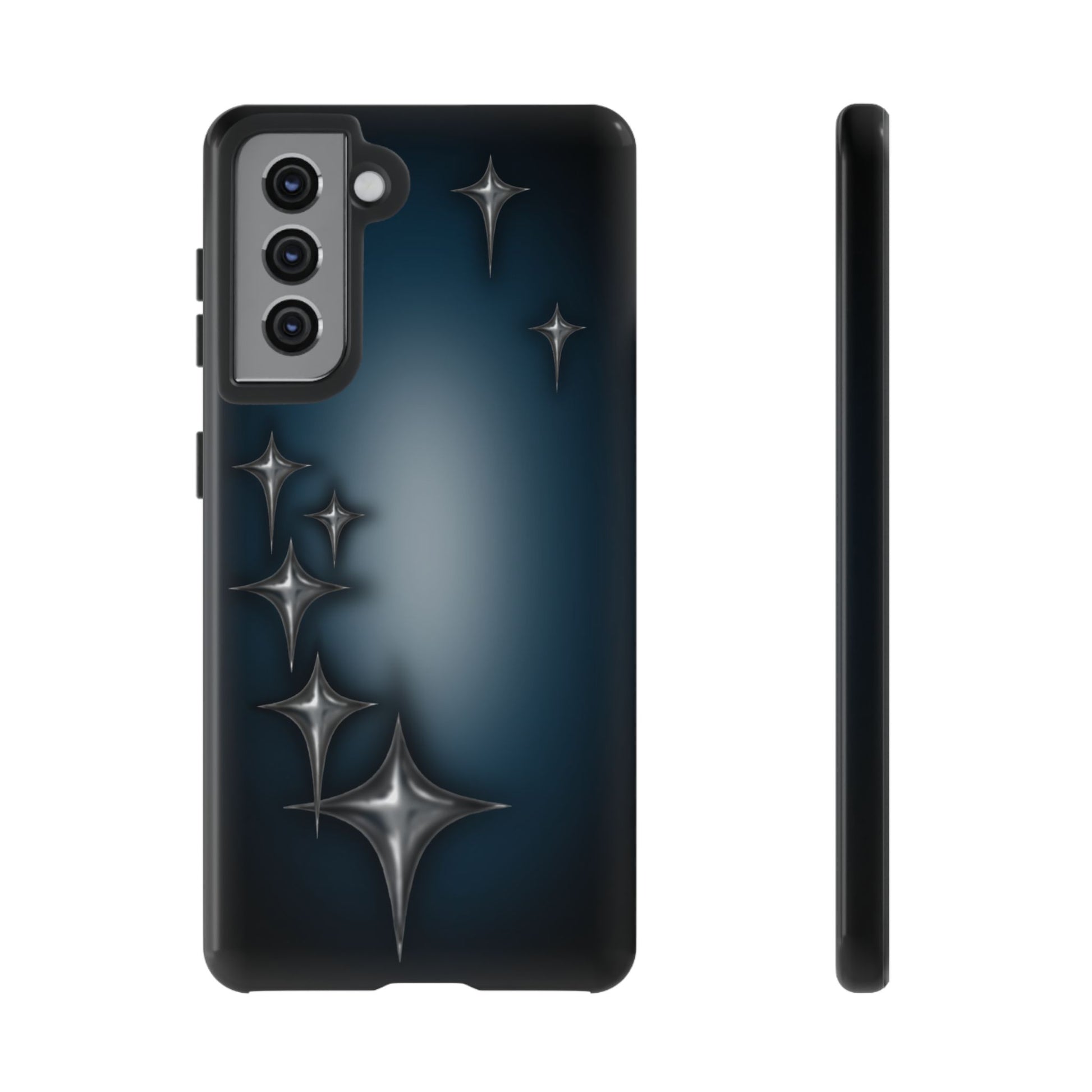 Star girl Samsung galaxy s21 phone case blue, teal, black phone case with chrome stars design making a gothic, emo, edgy, unique phone case front view