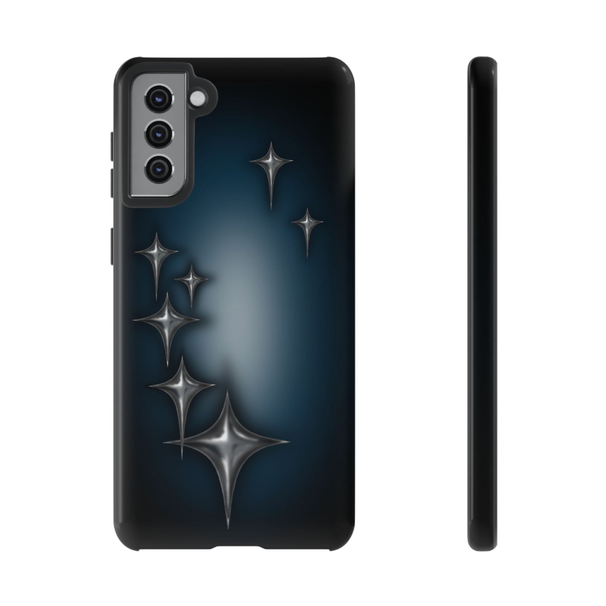 Star girl Samsung galaxy s21 plus phone case blue, teal, black phone case with chrome stars design making a gothic, emo, edgy, unique phone case front view