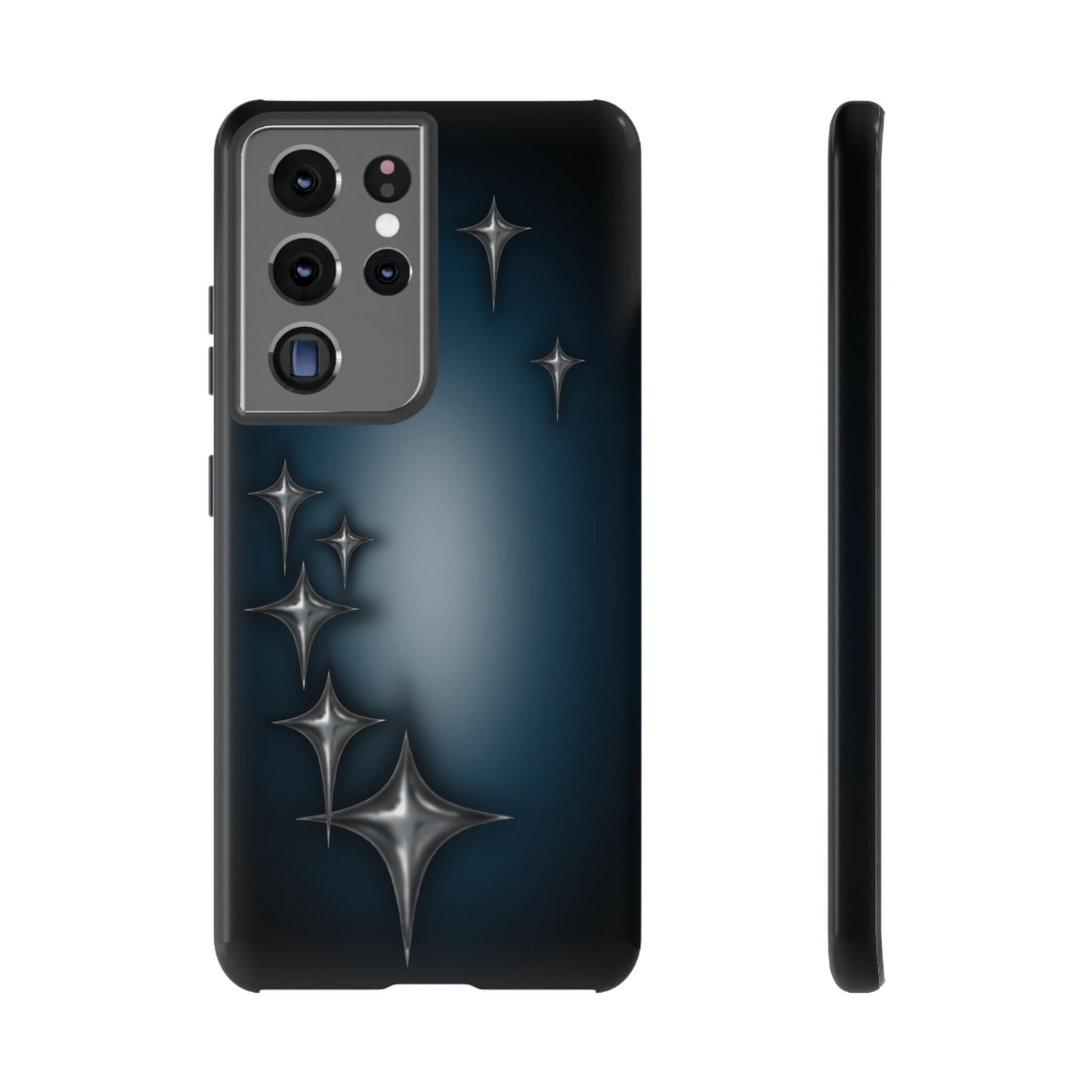 Star girl Samsung galaxy s21 ultra phone case blue, teal, black phone case with chrome stars design making a gothic, emo, edgy, unique phone case front view