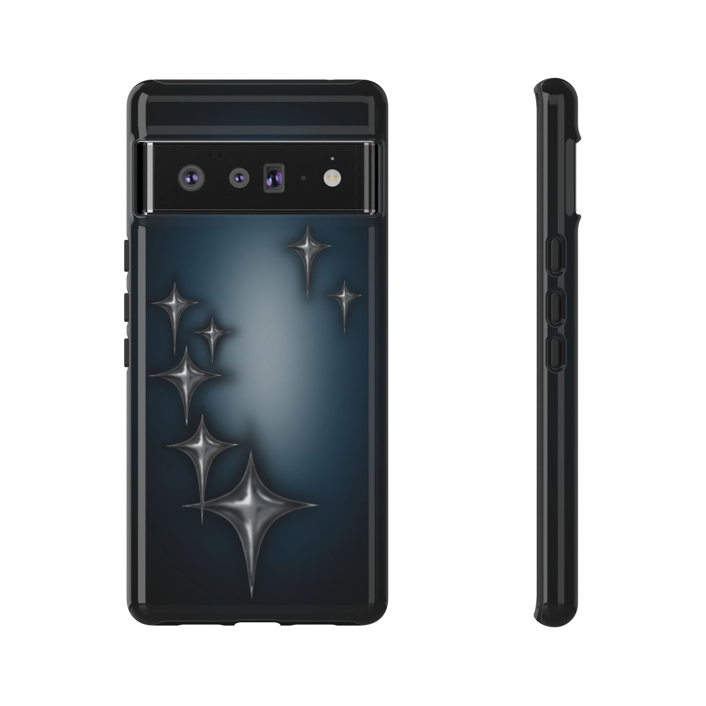 Star girl google pixel 6pro phone case blue, teal, black phone case with chrome stars design making a gothic, emo, edgy, unique phone case front view