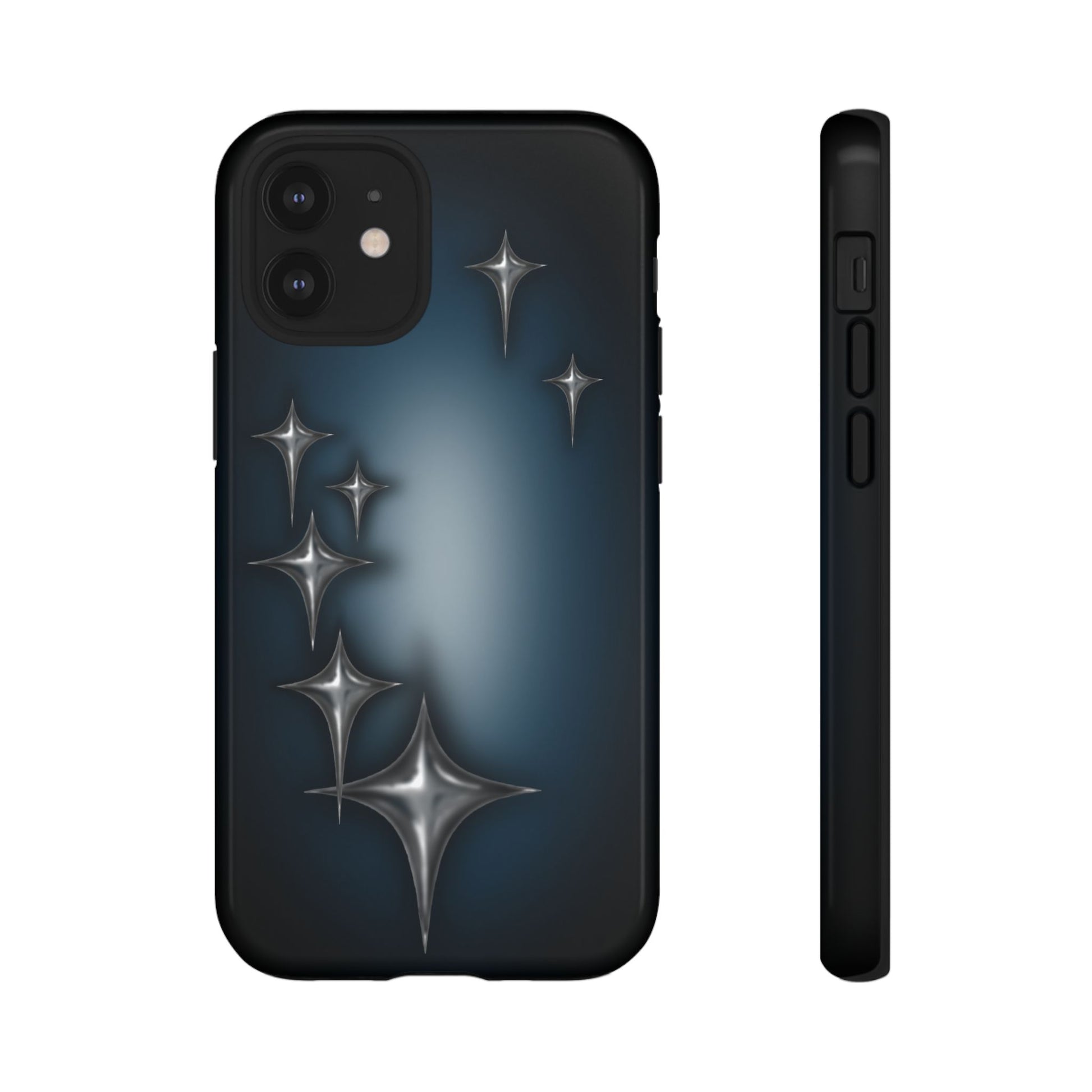 Star girl iPhone 12 mini phone case blue, teal, black phone case with chrome stars design making a gothic, emo, edgy, unique phone case front view