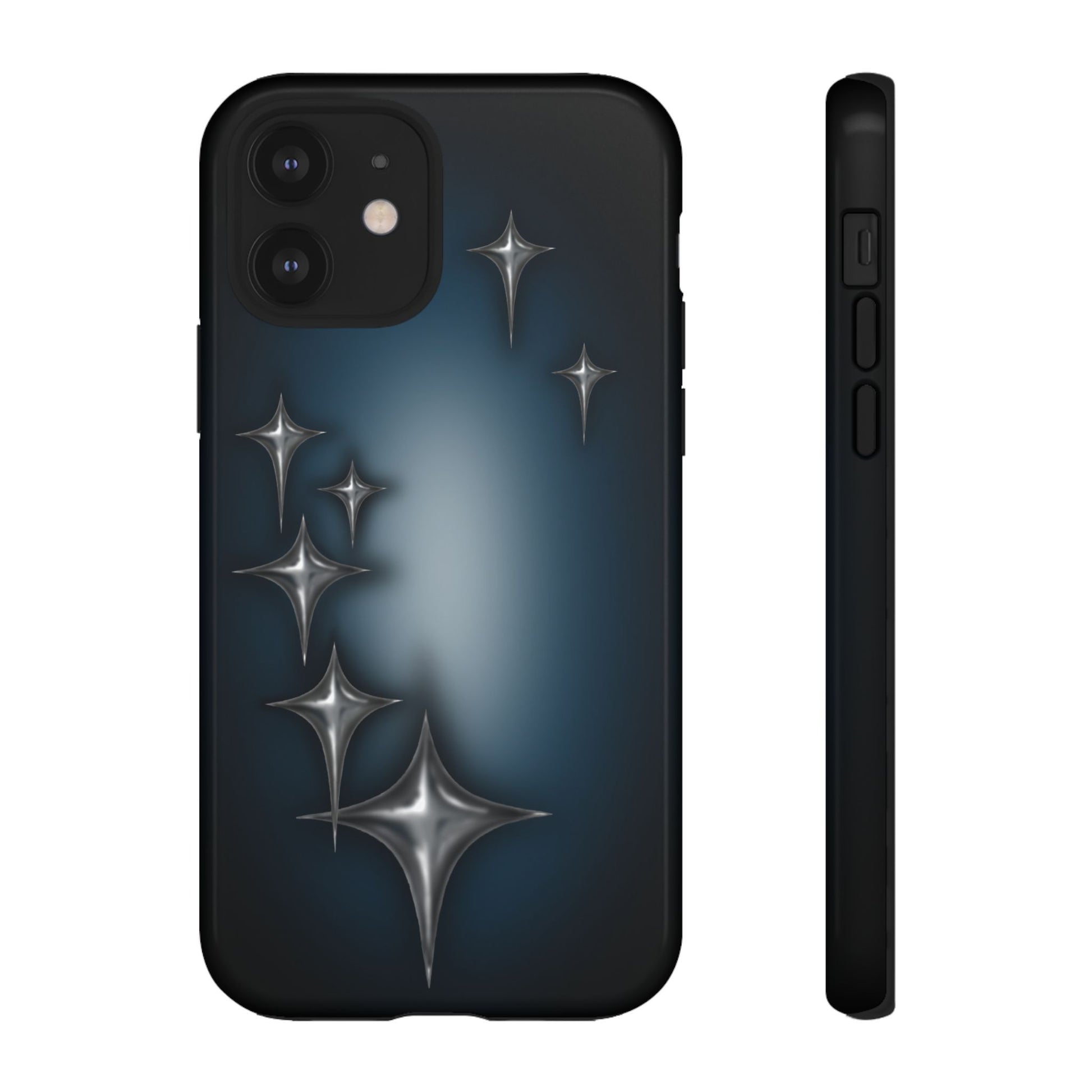 Star girl iPhone 12 phone case blue, teal, black phone case with chrome stars design making a gothic, emo, edgy, unique phone case front view