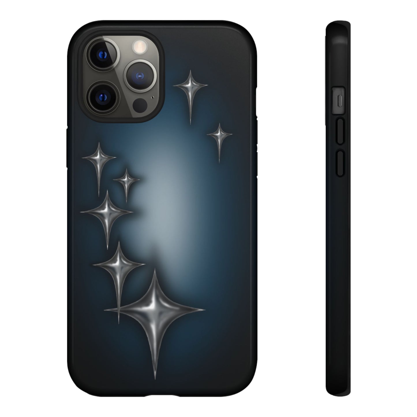 Star girl iPhone 12 phone pro max phone case blue, teal, black phone case with chrome stars design making a gothic, emo, edgy, unique phone case front view