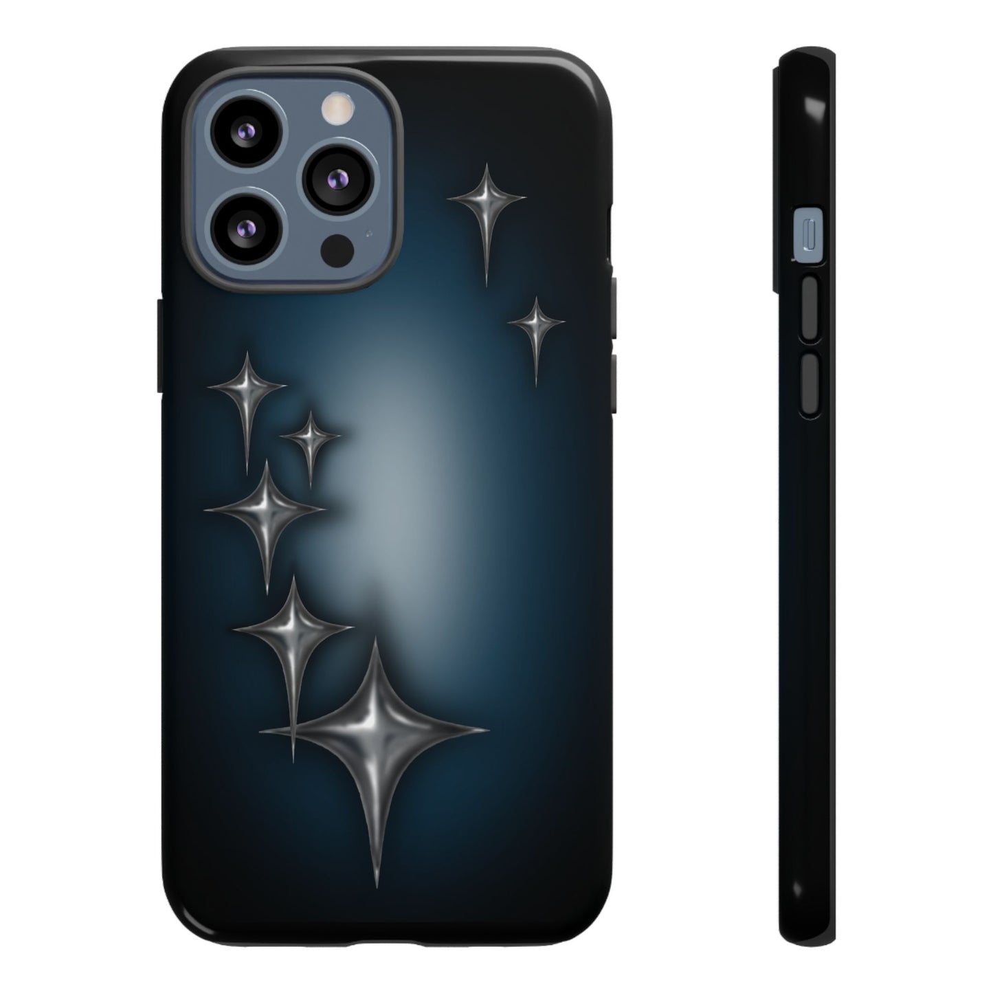 Star girl iPhone 13 Pro Max phone case blue, teal, black phone case with chrome stars design making a gothic, emo, edgy, unique phone case front view
