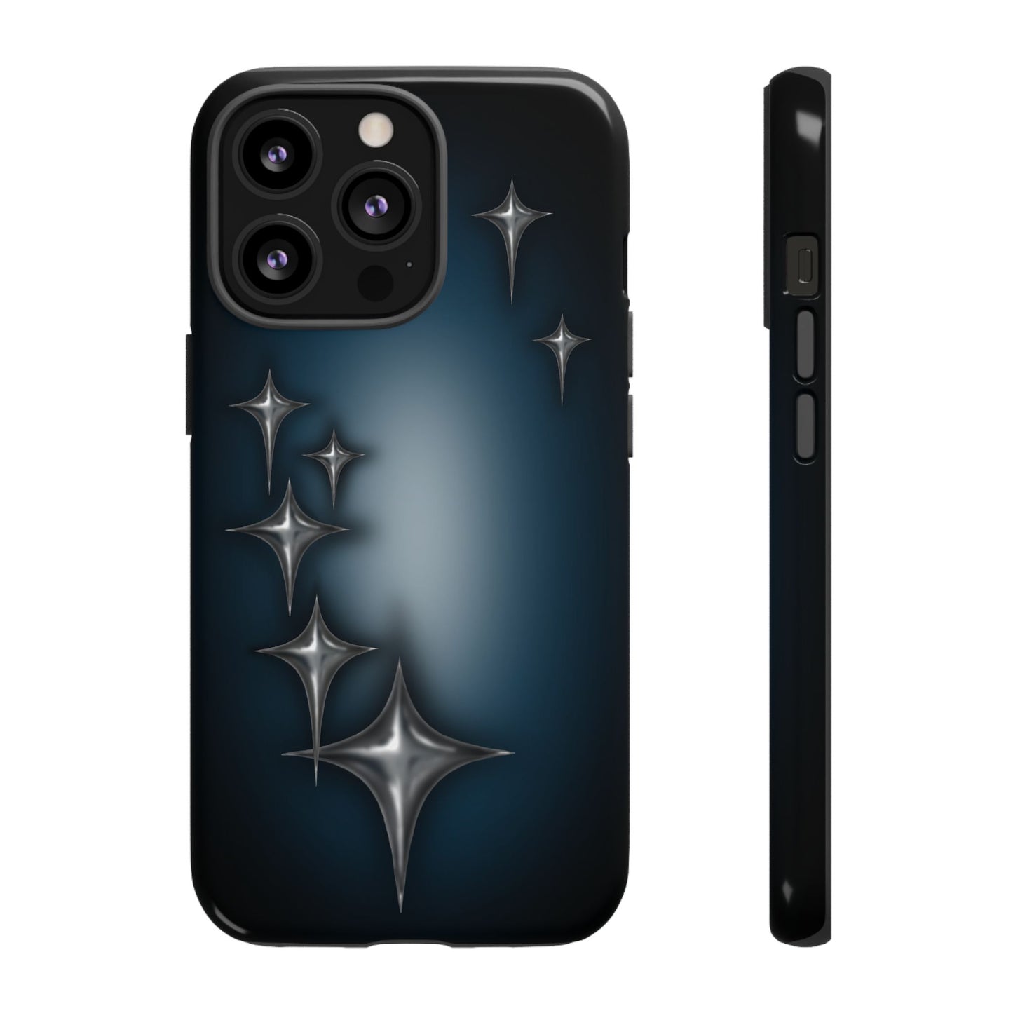 Star girl iPhone 13 Pro phone case blue, teal, black phone case with chrome stars design making a gothic, emo, edgy, unique phone case front view