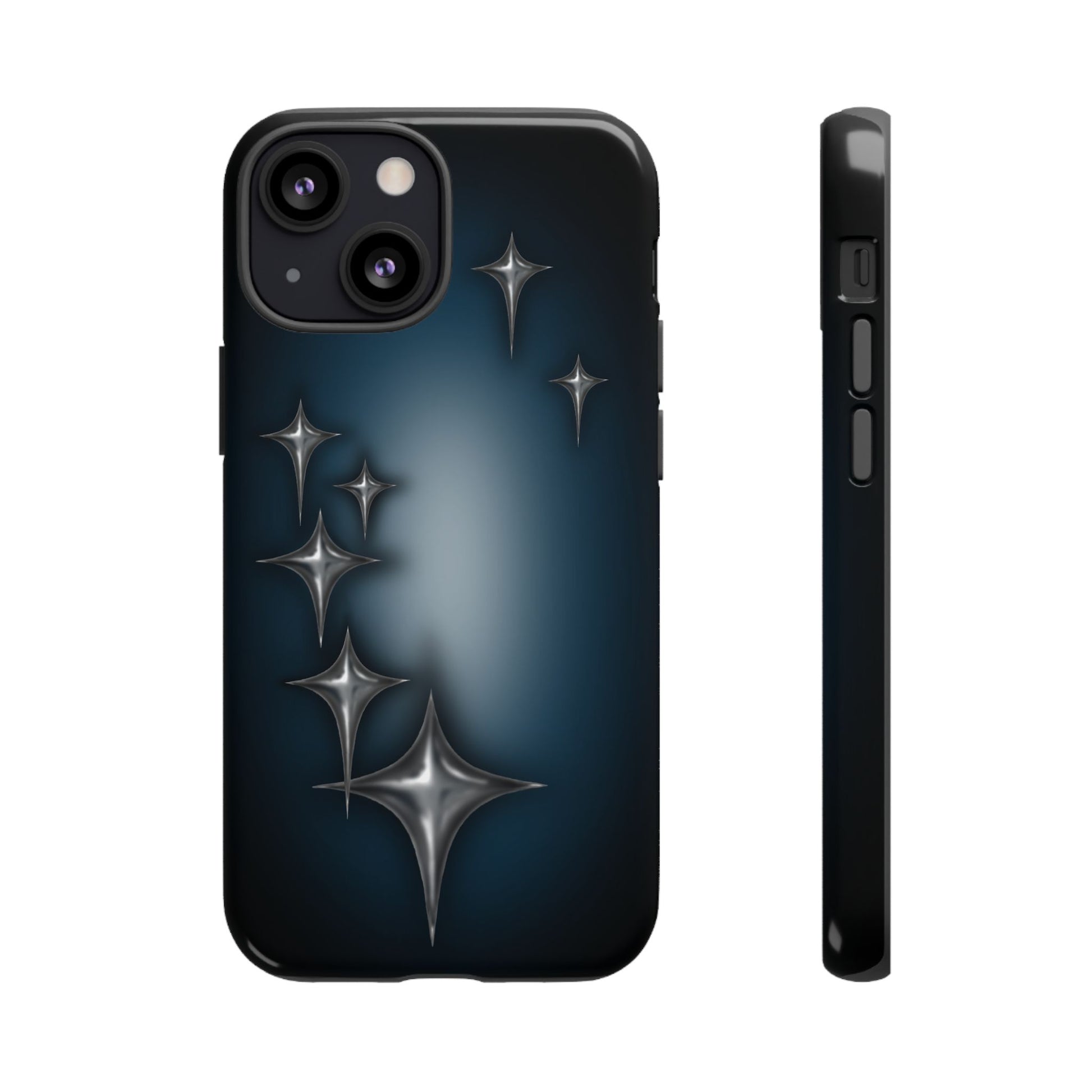 Star girl iPhone 13 mini phone case blue, teal, black phone case with chrome stars design making a gothic, emo, edgy, unique phone case front view