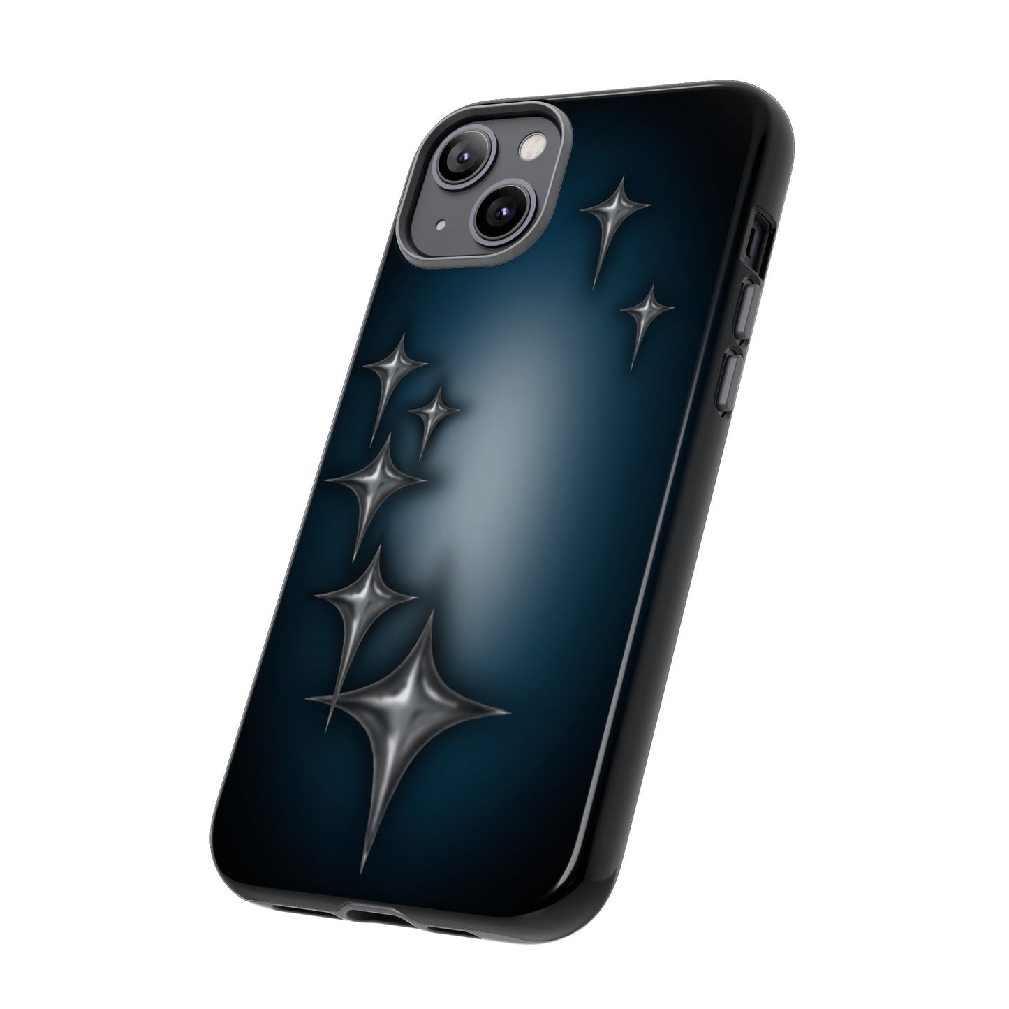 Star girl iPhone 14 Pro Max phone case blue, teal, black phone case with chrome stars design making a gothic, emo, edgy, unique phone case front view