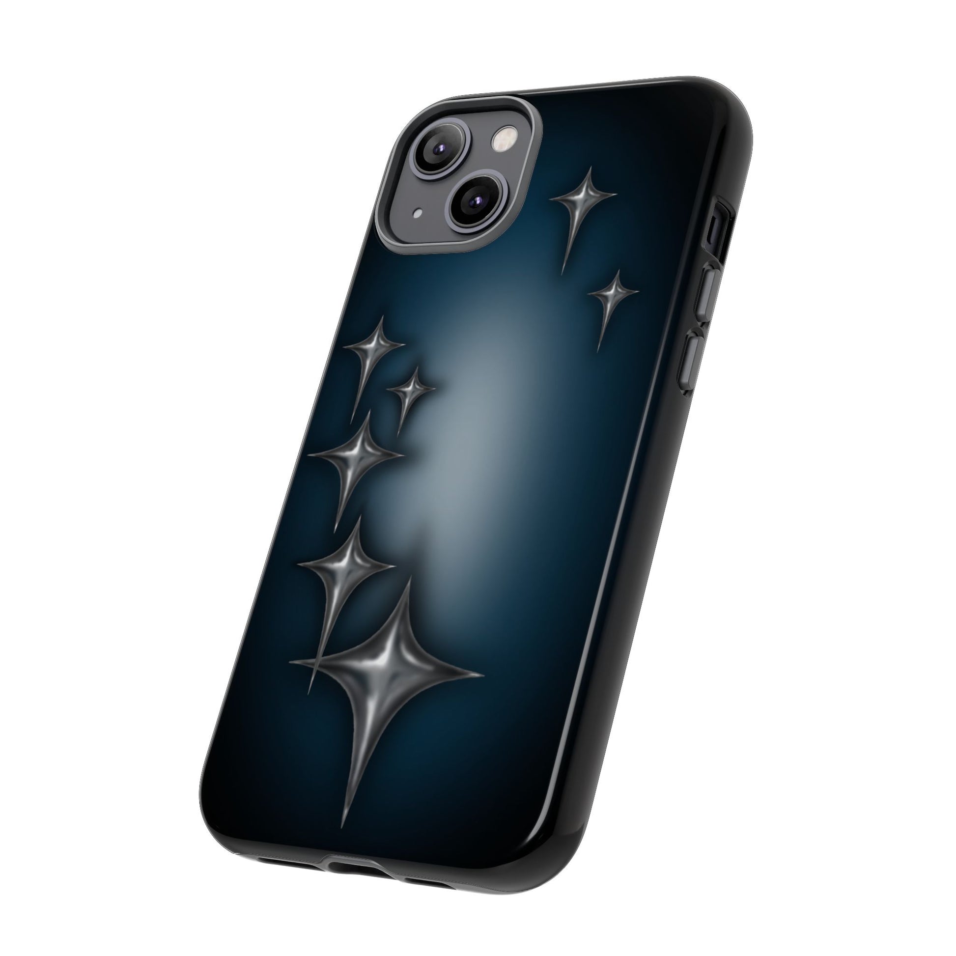 Star girl iPhone 14 Pro Max phone case blue, teal, black phone case with chrome stars design making a gothic, emo, edgy, unique phone case front view
