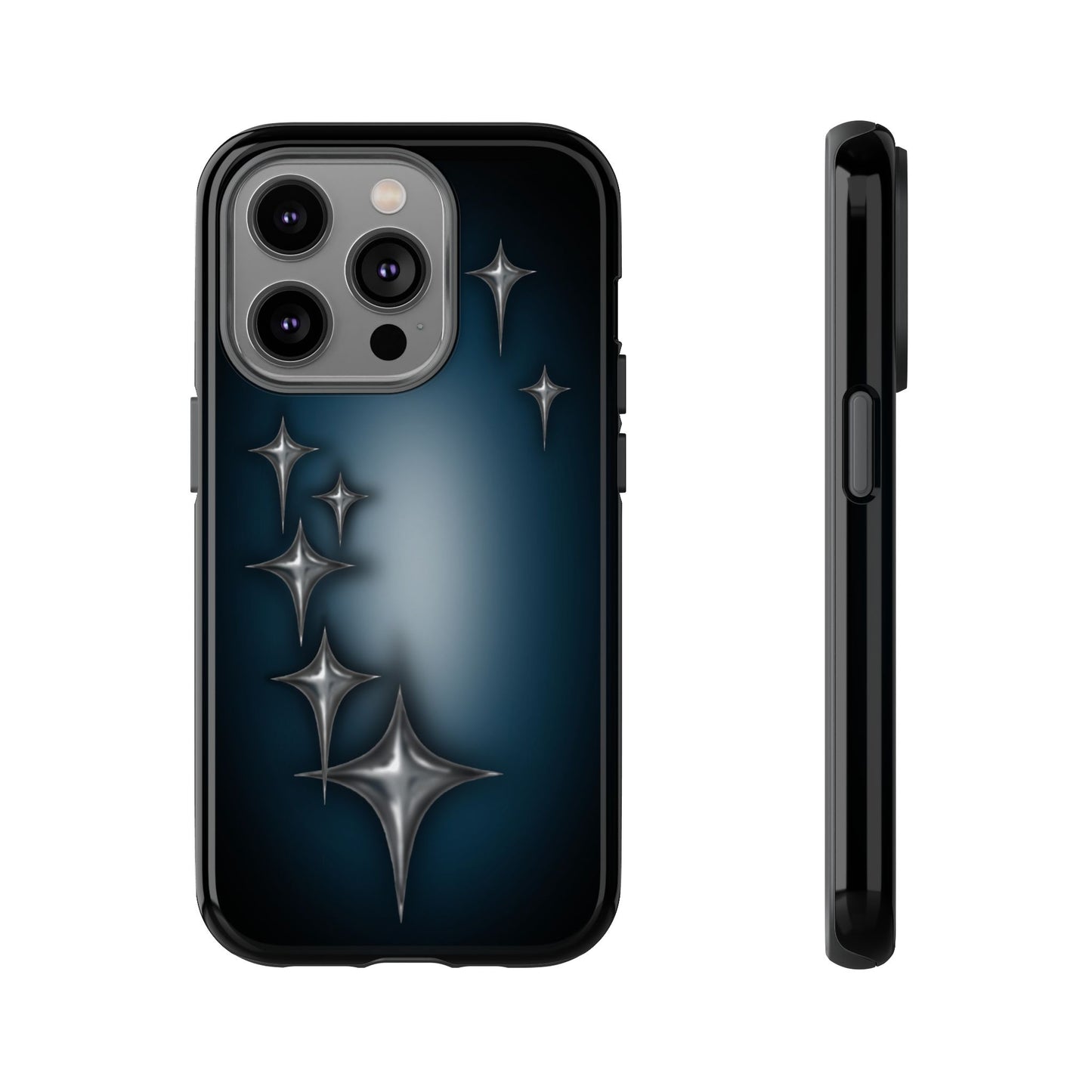 Star girl iPhone 14 Pro phone case blue, teal, black phone case with chrome stars design making a gothic, emo, edgy, unique phone case front view
