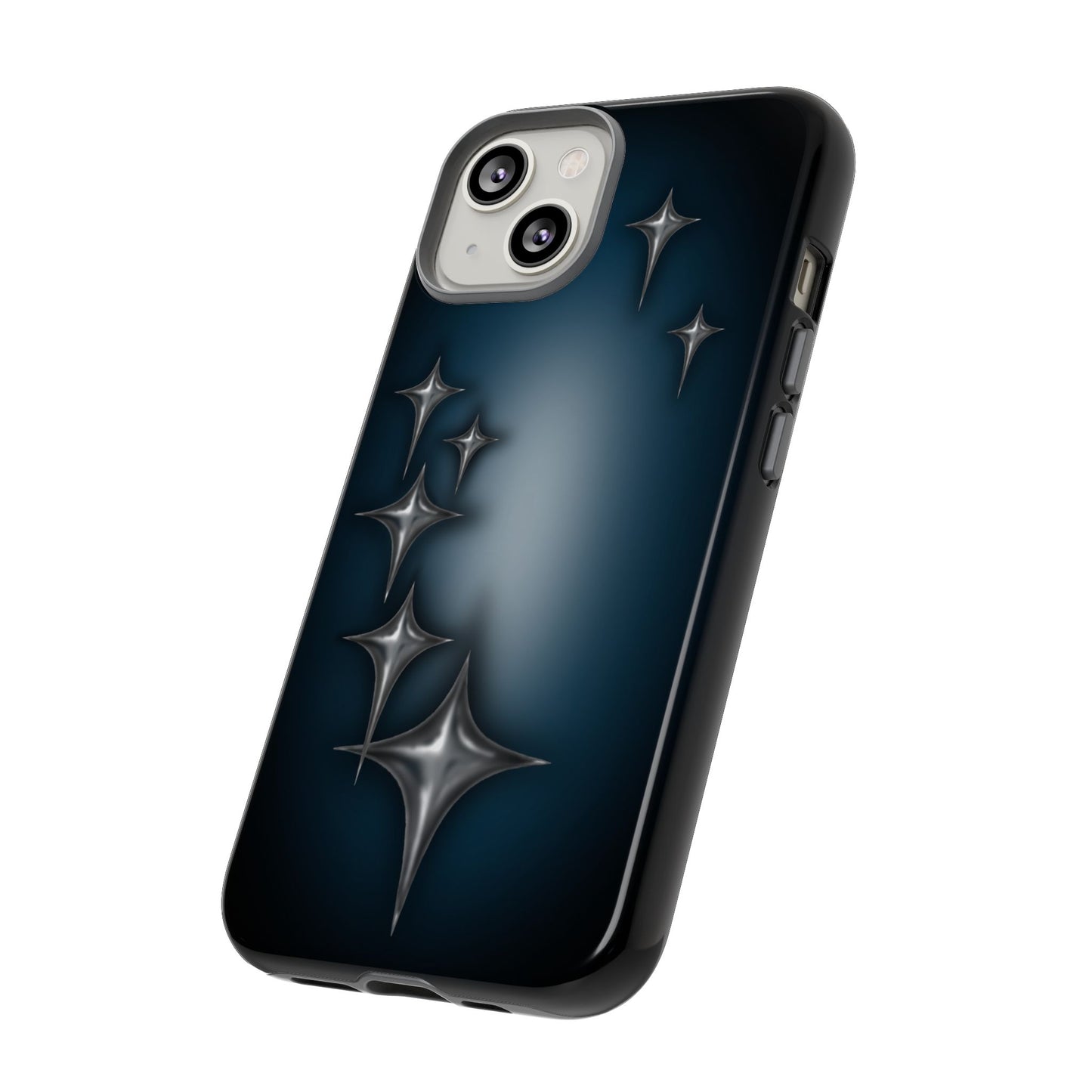 Star girl iPhone 14 phone case blue, teal, black phone case with chrome stars design making a gothic, emo, edgy, unique phone case side view
