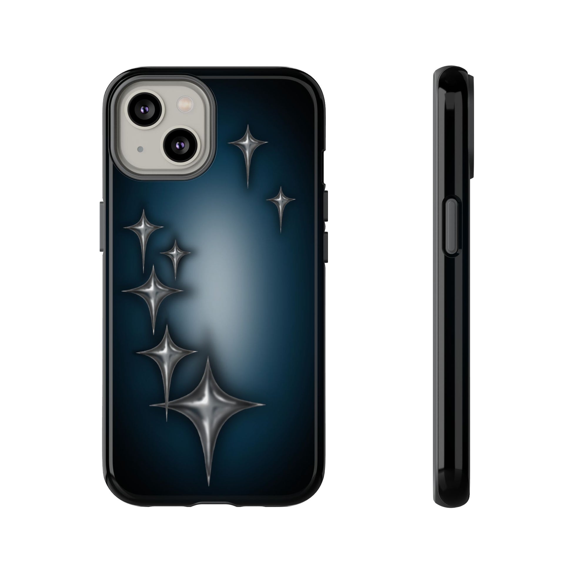 Star girl iPhone 14 phone case blue, teal, black phone case with chrome stars design making a gothic, emo, edgy, unique phone case front view