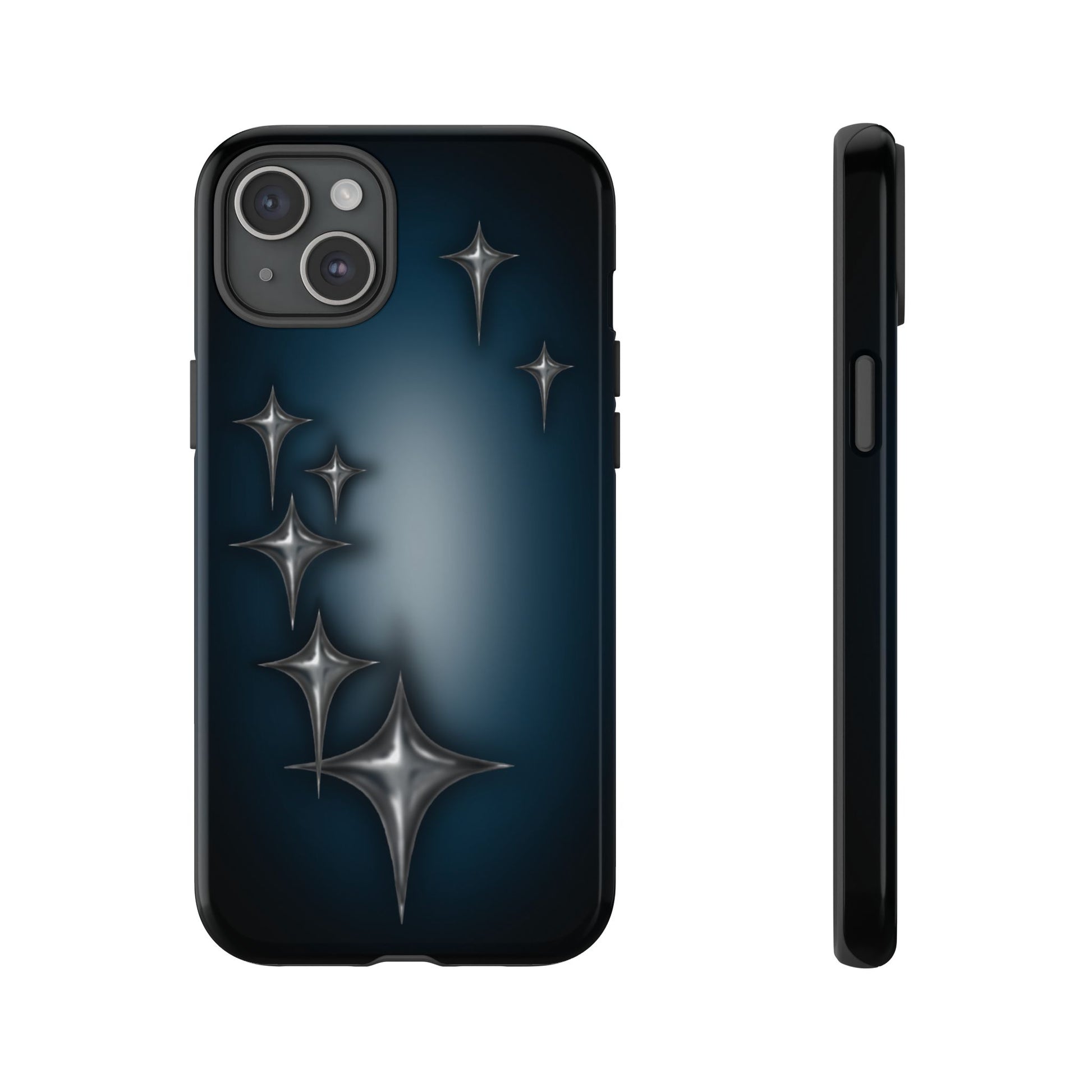 Star girl iPhone 15 plus phone case blue, teal, black phone case with chrome stars design making a gothic, emo, edgy, unique phone case front view