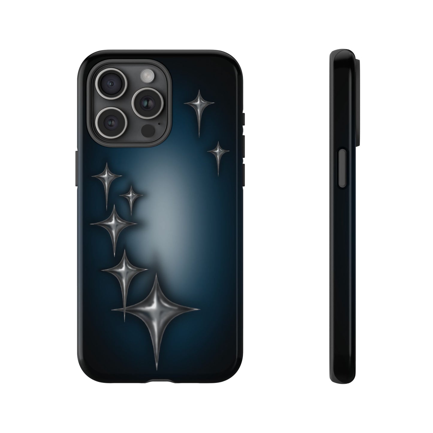 Star girl iPhone 15 pro max phone case blue, teal, black phone case with chrome stars design making a gothic, emo, edgy, unique phone case front view