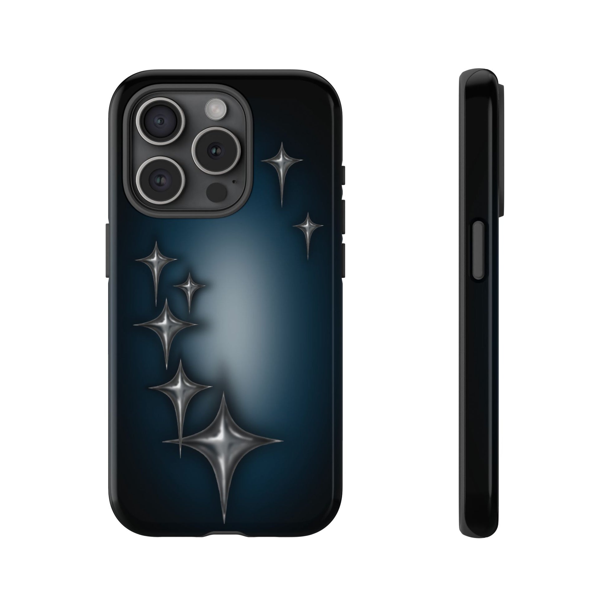 Star girl iPhone 15 pro phone case blue, teal, black phone case with chrome stars design making a gothic, emo, edgy, unique phone case front view
