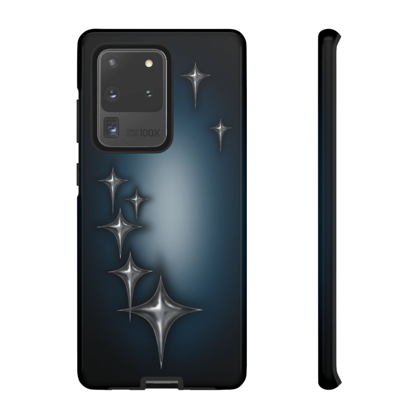 Star girl samsung galaxy s20 ultra phone case blue, teal, black phone case with chrome stars design making a gothic, emo, edgy, unique phone case front view