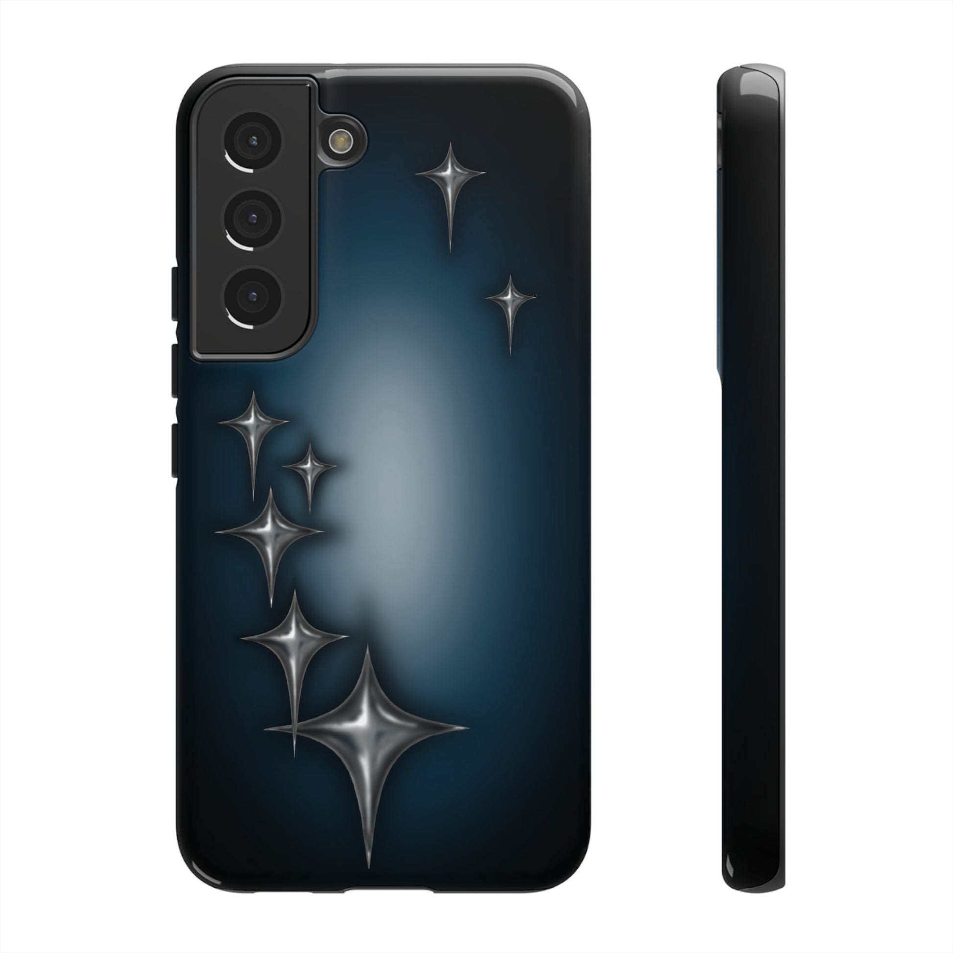 Star girl samsung galaxy s22  phone case blue, teal, black phone case with chrome stars design making a gothic, emo, edgy, unique phone case front view
