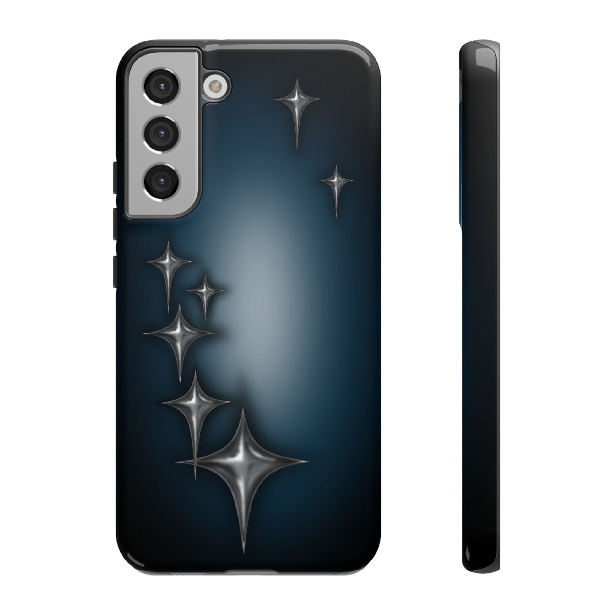 Star girl samsung galaxy s22 plus  phone case blue, teal, black phone case with chrome stars design making a gothic, emo, edgy, unique phone case front view