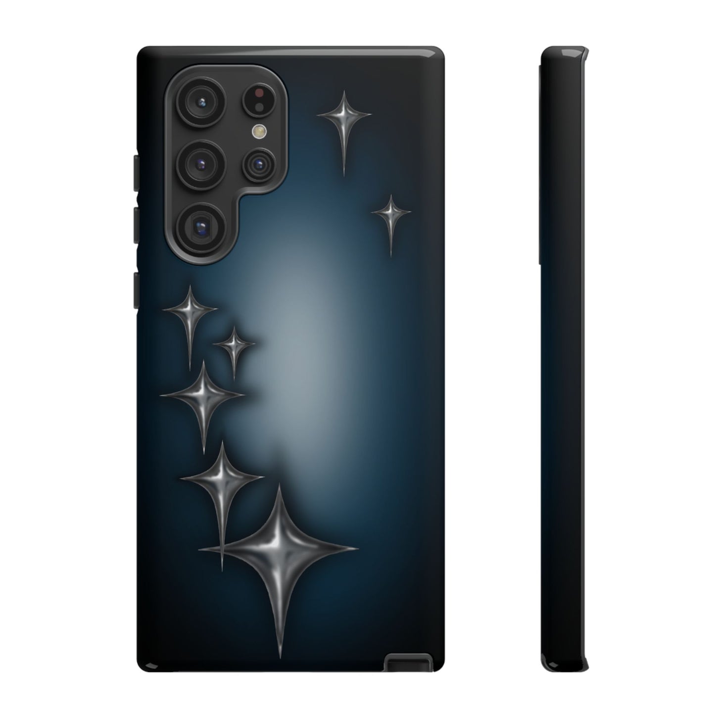 Star girl samsung galaxy s22 ultra  phone case blue, teal, black phone case with chrome stars design making a gothic, emo, edgy, unique phone case front view
