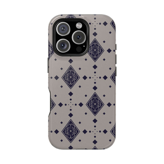 tan grey phone case with boho diamond flower motif pattern on top front view