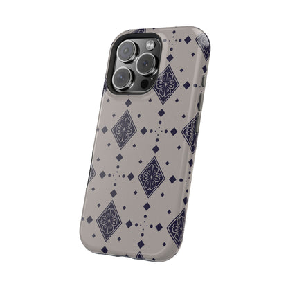 tan grey phone case with boho diamond flower motif pattern on top side view