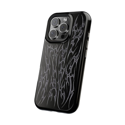 metal cyber cigilism black phone case with silver daggers, edgy and protective side view