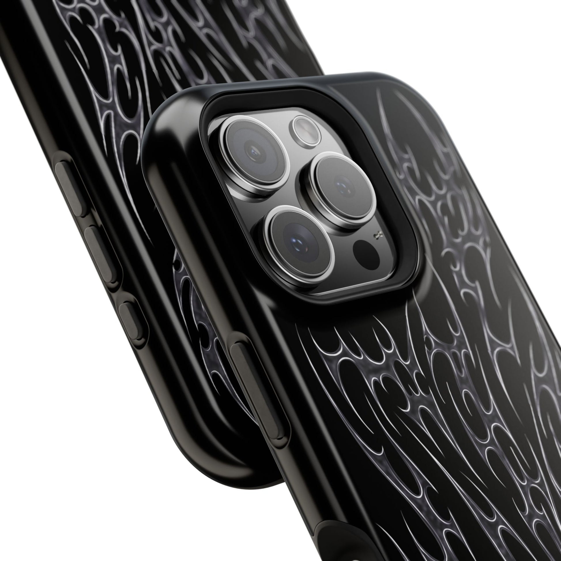 metal cyber cigilism black phone case with silver daggers, close up protective camera