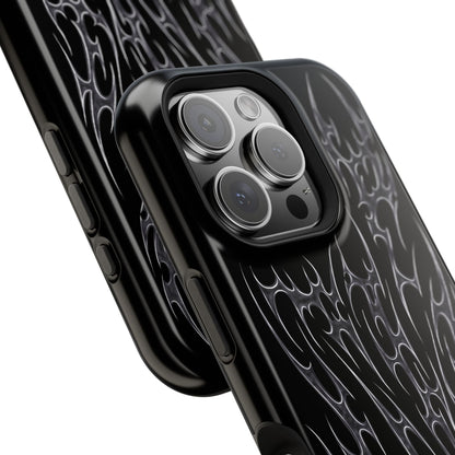 metal cyber cigilism black phone case with silver daggers, close up protective camera