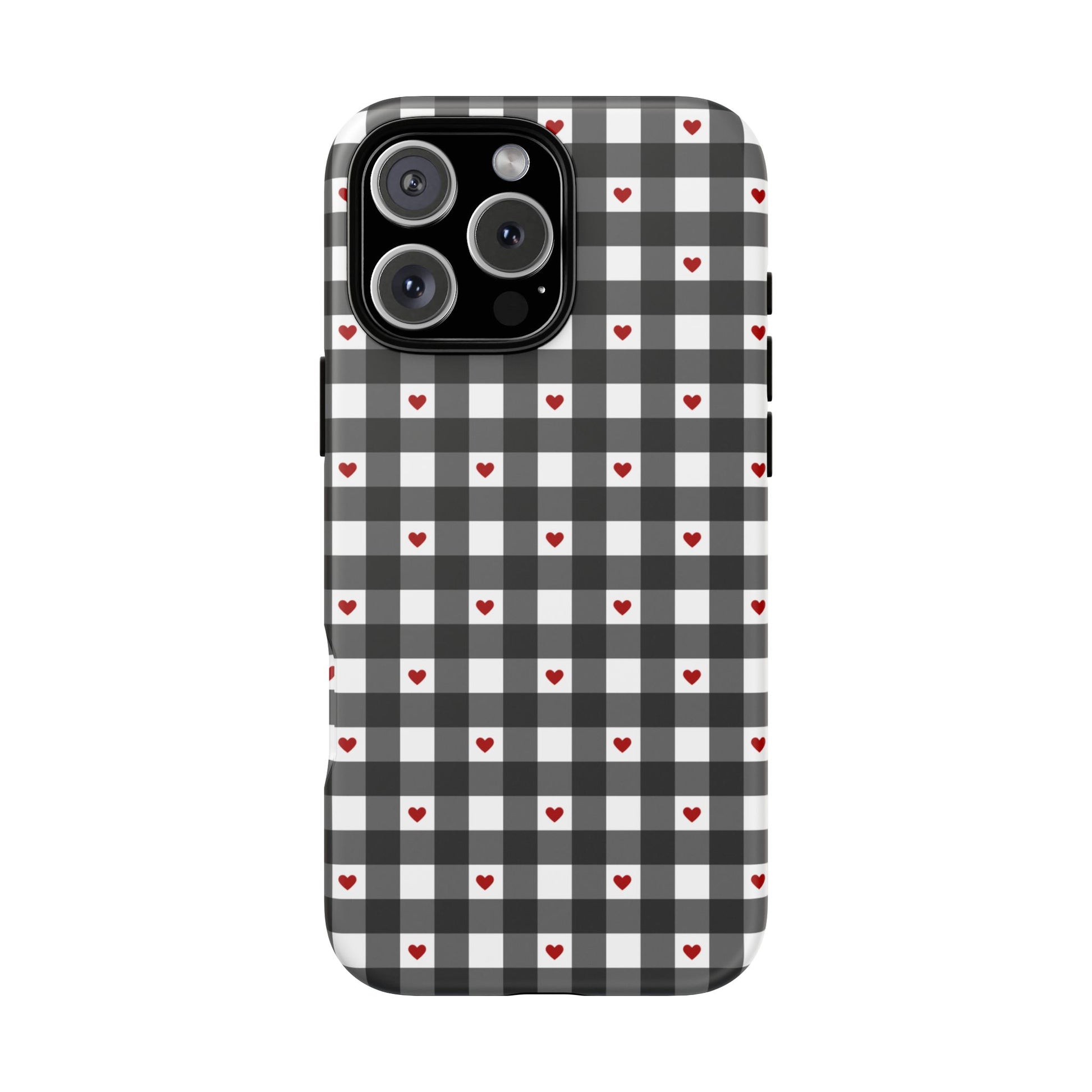 Magsafe Phone case black gingham checker plaid pattern with red hearts. Cute, simple protective cover for iPhone, Samsung, and Pixel. Prefect for spring and summer! front view