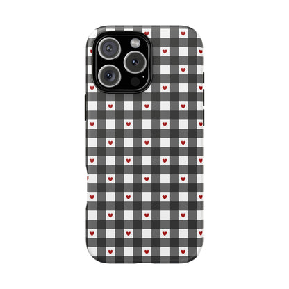 Magsafe Phone case black gingham checker plaid pattern with red hearts. Cute, simple protective cover for iPhone, Samsung, and Pixel. Prefect for spring and summer! front view