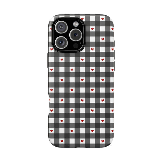 Magsafe Phone case black gingham checker plaid pattern with red hearts. Cute, simple protective cover for iPhone, Samsung, and Pixel. Prefect for spring and summer! front view