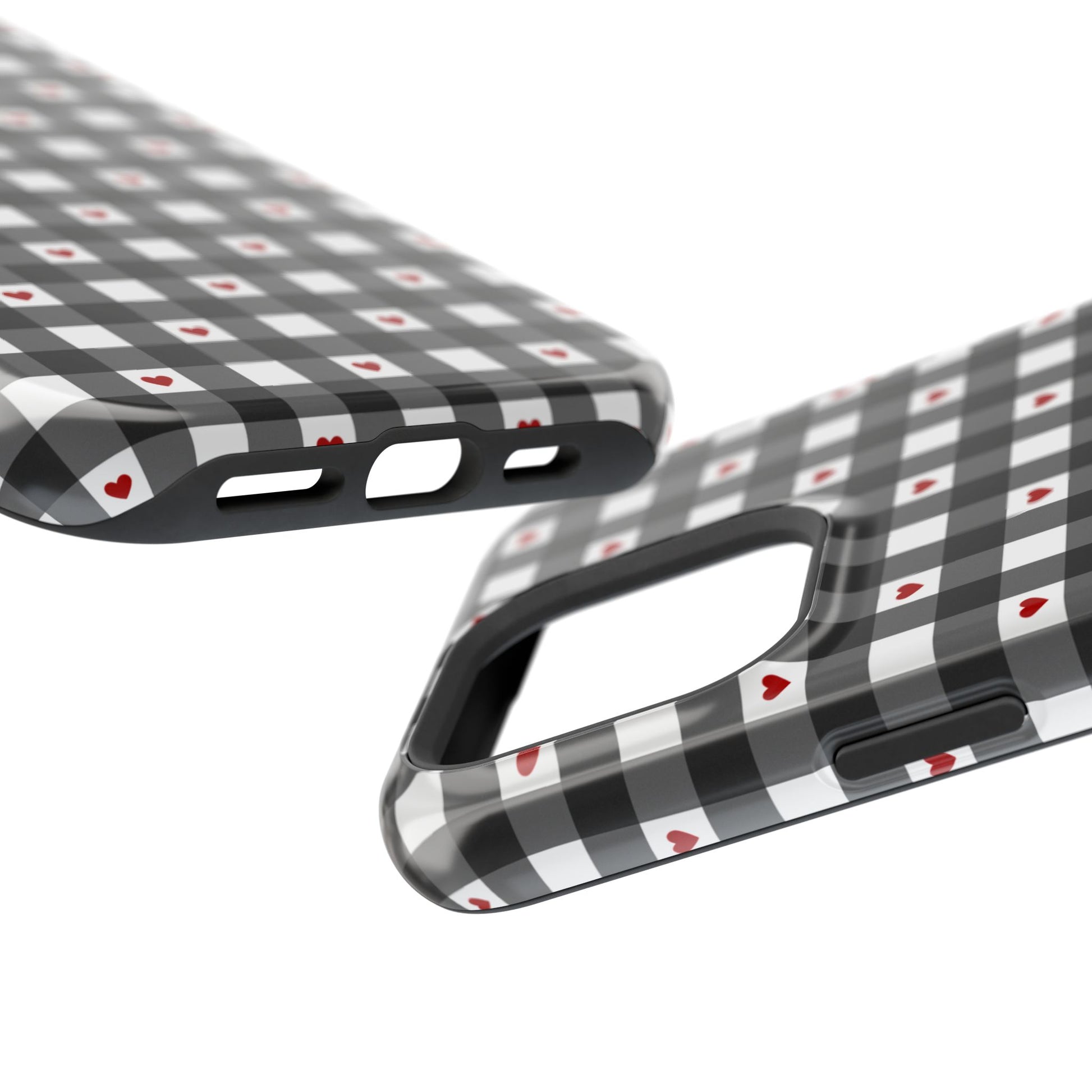 Magsafe Phone case black gingham checker plaid pattern with red hearts. Cute, simple protective cover for iPhone, Samsung, and Pixel. Prefect for spring and summer! charger port view