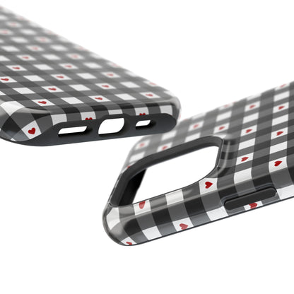 Magsafe Phone case black gingham checker plaid pattern with red hearts. Cute, simple protective cover for iPhone, Samsung, and Pixel. Prefect for spring and summer! charger port view