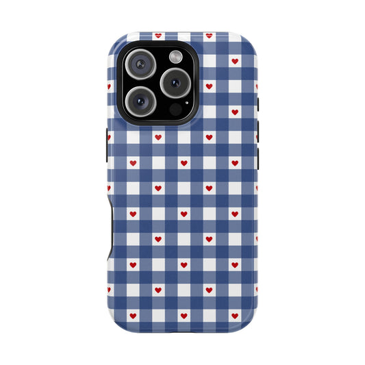 Magsafe Phone case blue gingham checker plaid pattern with red hearts. Cute protective cover  for iPhone, Samsung, and Pixel. Prefect for spring and summer! front view