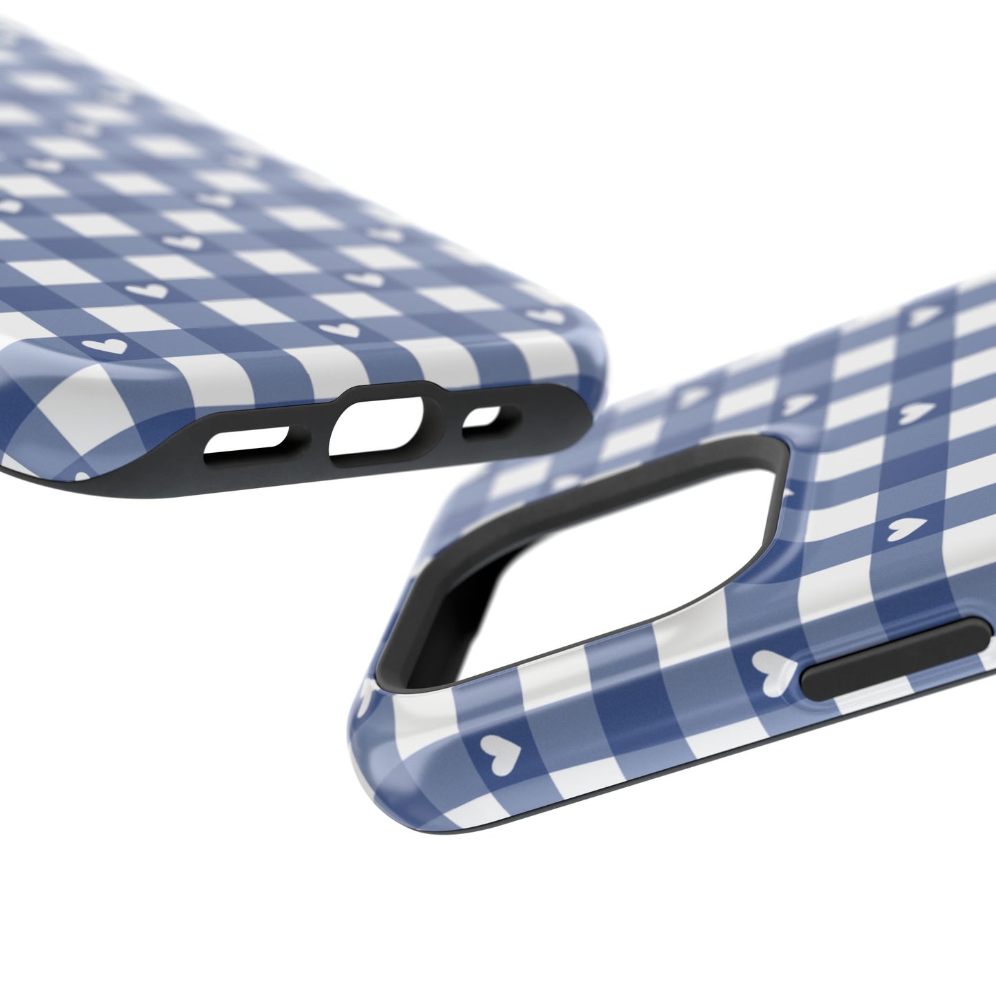 Magsafe phone case black gingham blue checker plaid pattern with white hearts. Cute, simple protective cover for iPhone, Samsung, and Pixel. Prefect for spring and summer! close up charging port view