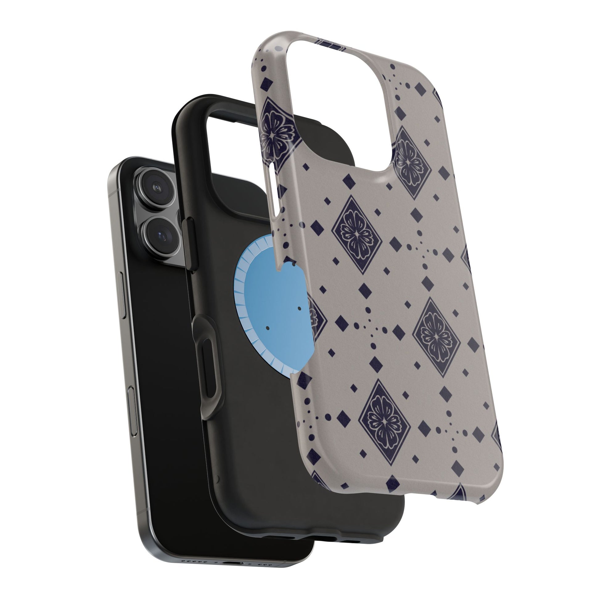 tan grey phone case with boho diamond flower motif pattern on top magsafe layers