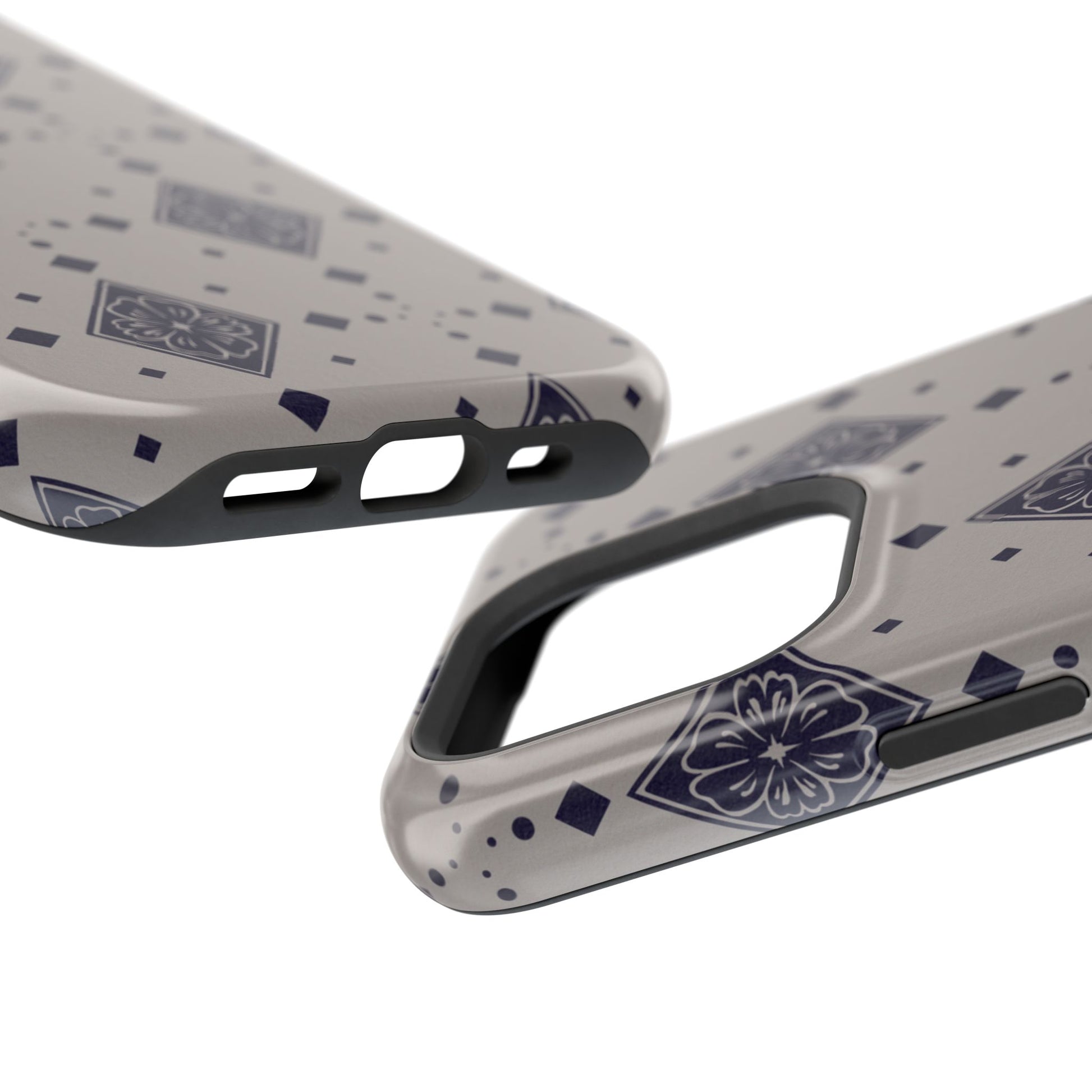 tan grey phone case with boho diamond flower motif pattern on top charging port