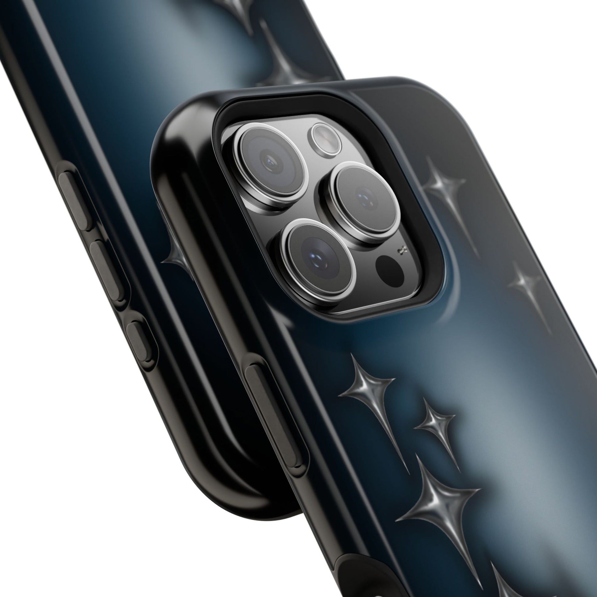 Magsafe phone case with chrome star design on blue black background. Protective & shock-absorbing. Fits iPhone, Samsung & Google Pixel models. Cool, edgy design close up of protective camera
