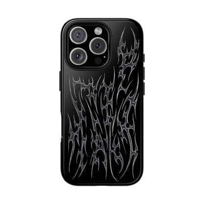 magsafe edgy gothic phone case black background with silver metal cyber cigilism dagger design for men and women front view