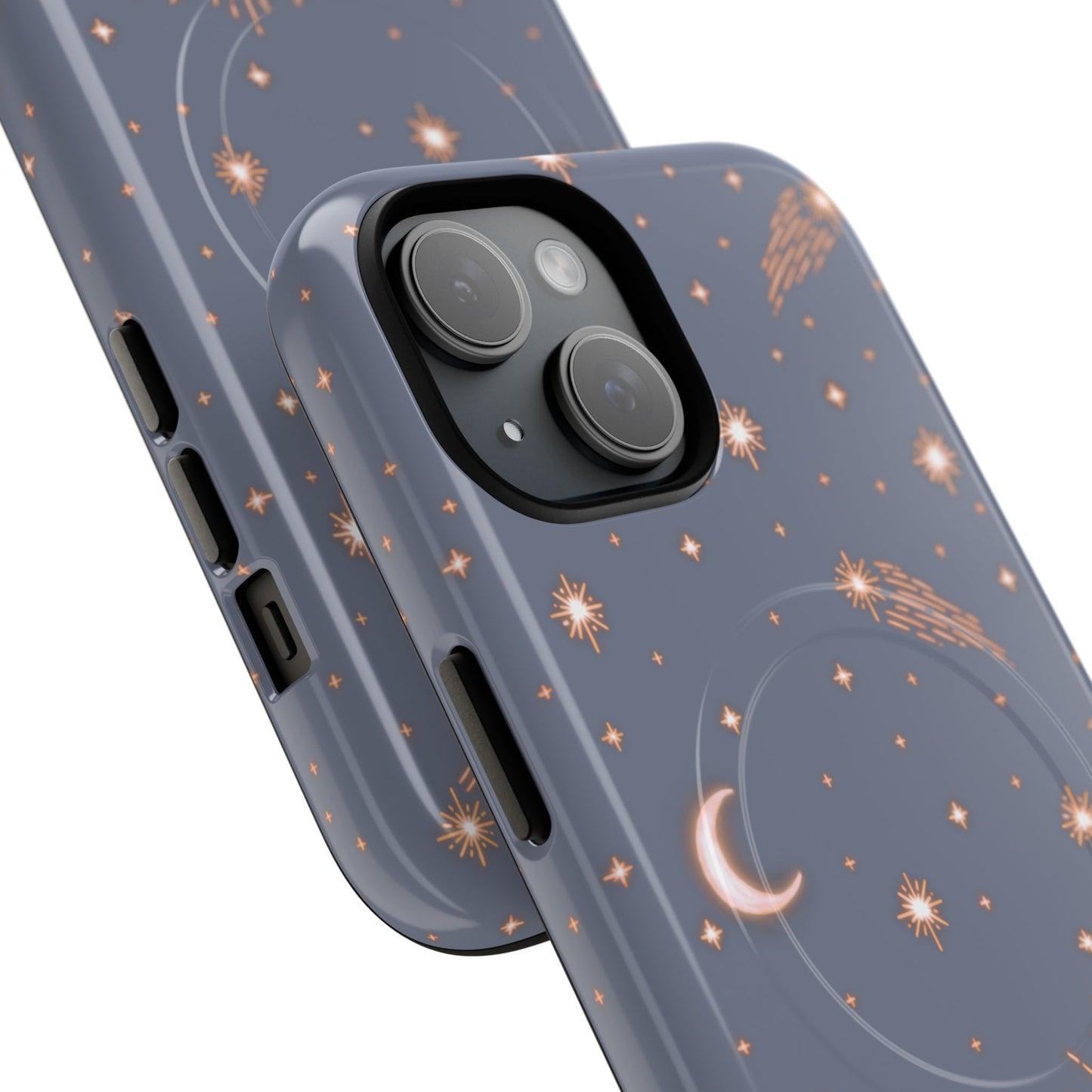 magsafe phone case with celestial sun, moon & shooting stars on purple blue background. Protective & stylish. Fits iPhone, Samsung & Google Pixel models. Boho chic, cute, and aesthetic close up camera