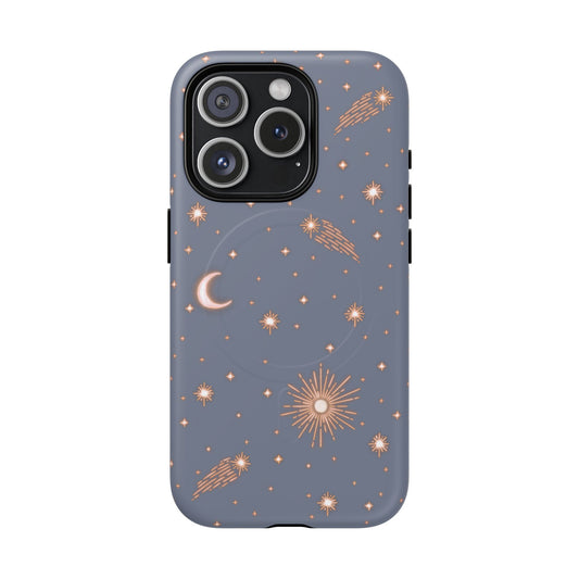 magsafe phone case with celestial sun, moon & shooting stars on purple blue background. Protective & stylish. Fits iPhone, Samsung & Google Pixel models. Boho chic, cute, and aesthetic from view