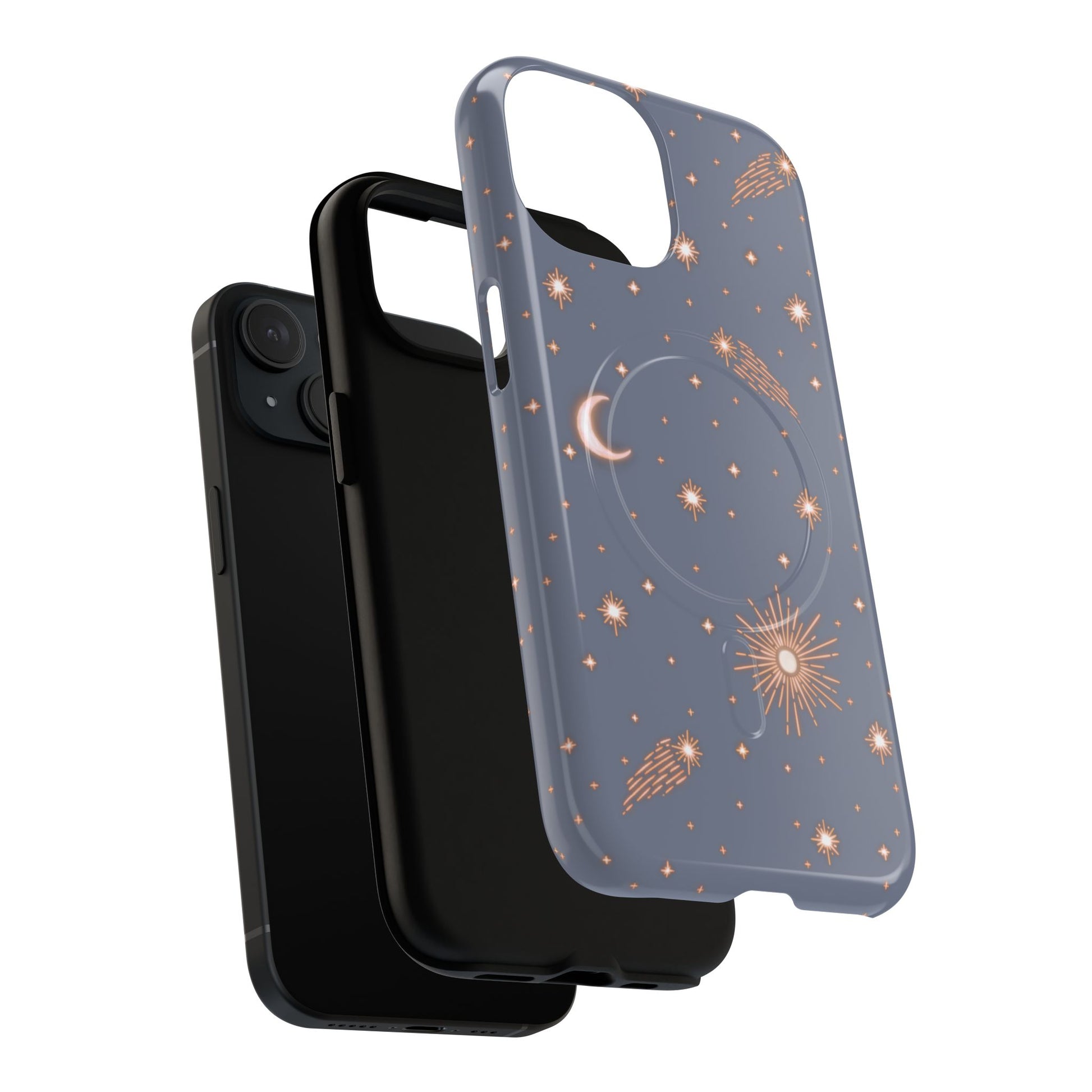 magsafe phone case with celestial sun, moon & shooting stars on purple blue background. Protective & stylish. Fits iPhone, Samsung & Google Pixel models. Boho chic, cute, and aesthetic layers