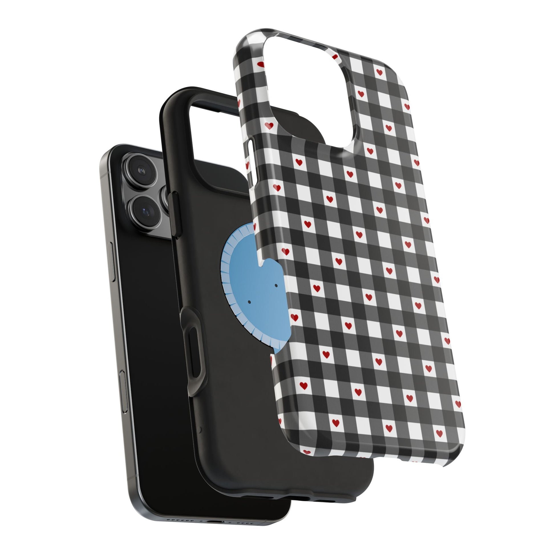 Magsafe Phone case black gingham checker plaid pattern with red hearts. Cute, simple protective cover for iPhone, Samsung, and Pixel. Prefect for spring and summer! protective layers