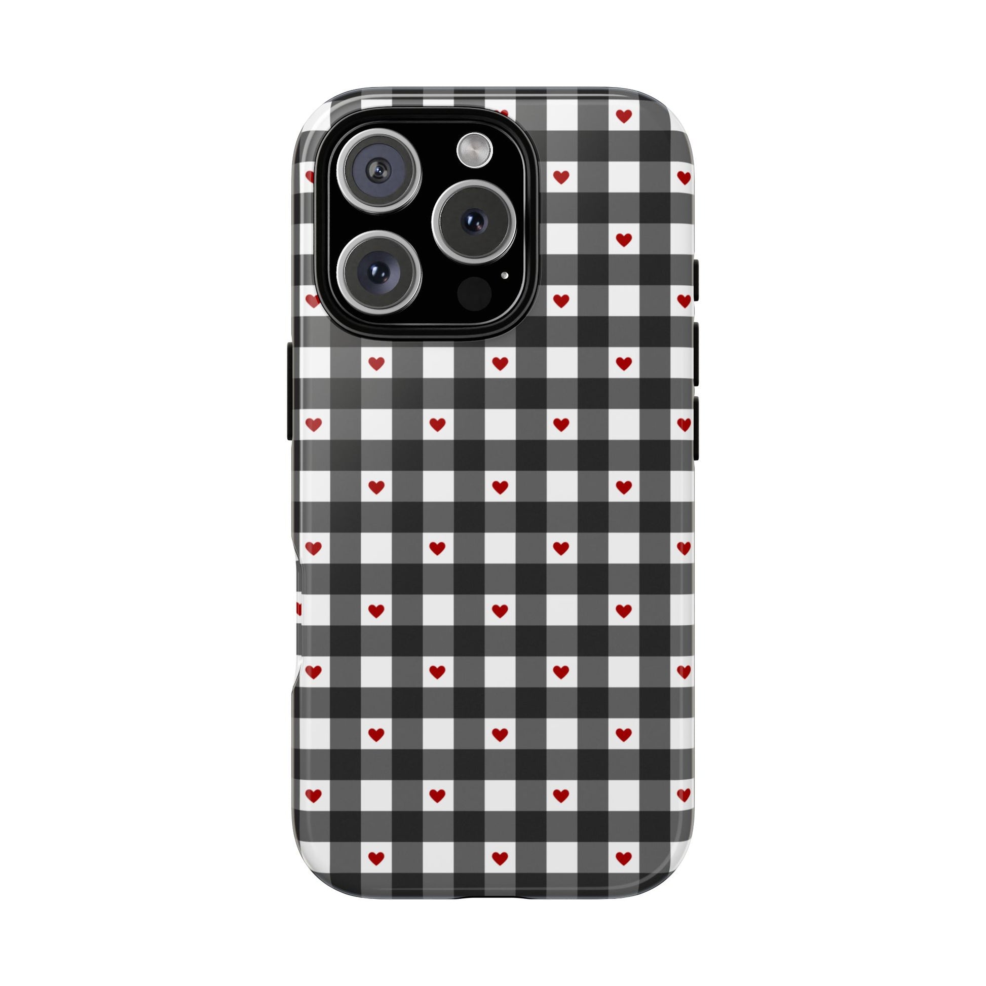 Phone case black gingham checker plaid pattern with red hearts. Cute, simple protective cover for iPhone, Samsung, and Pixel. Prefect for spring and summer! fornt view