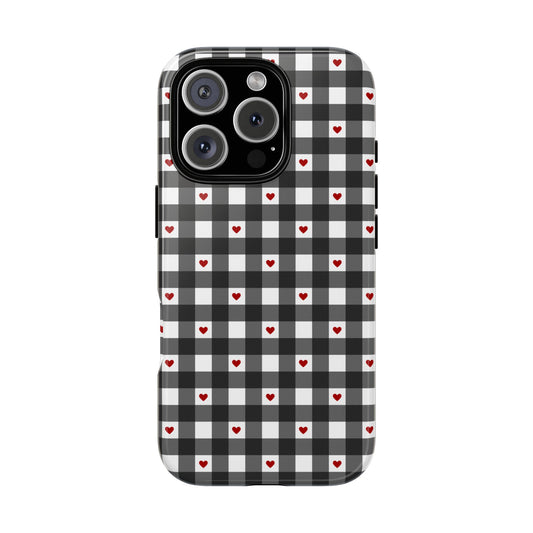 Phone case black gingham checker plaid pattern with red hearts. Cute, simple protective cover for iPhone, Samsung, and Pixel. Prefect for spring and summer! fornt view