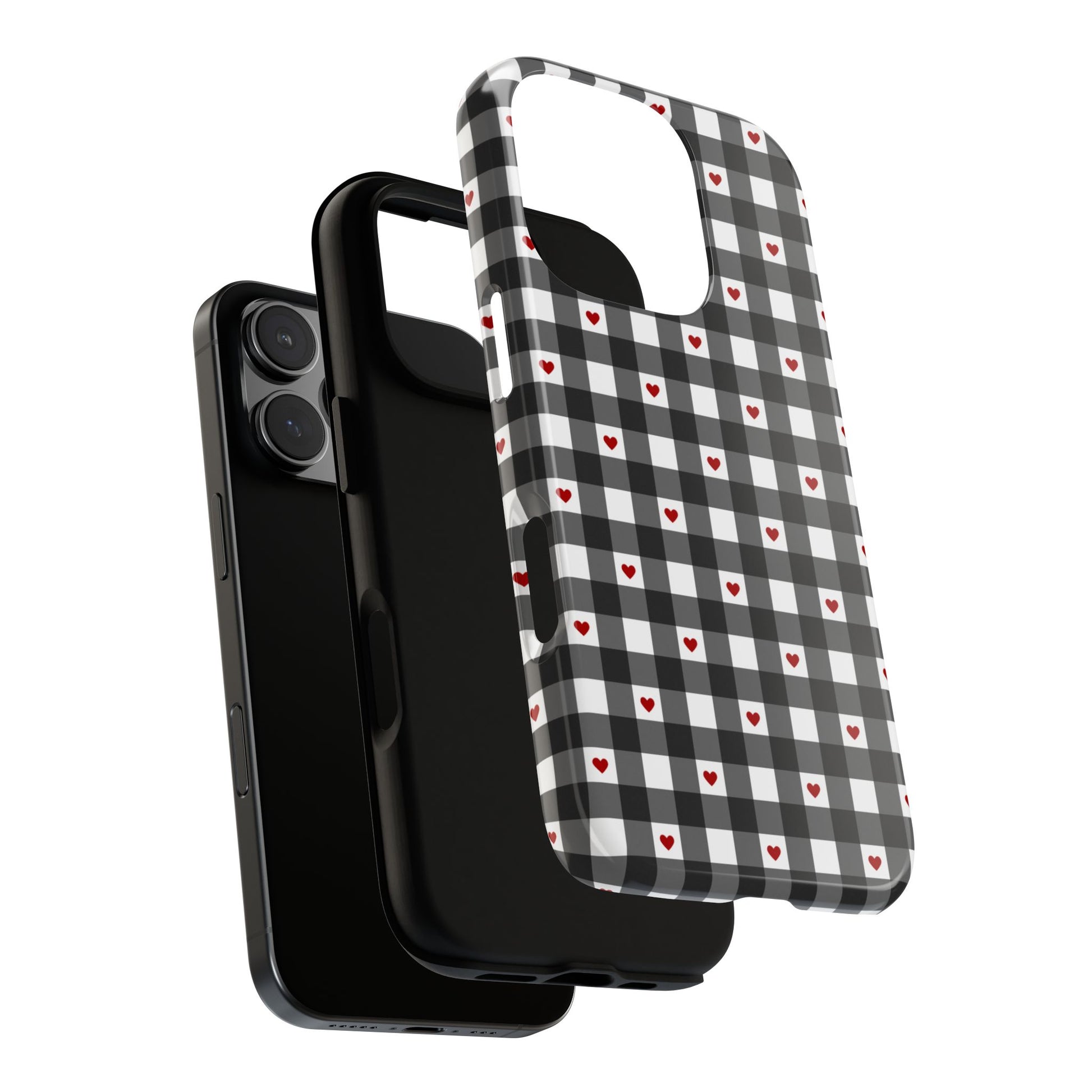 Phone case black gingham checker plaid pattern with red hearts. Cute, simple protective cover for iPhone, Samsung, and Pixel. Prefect for spring and summer! layers