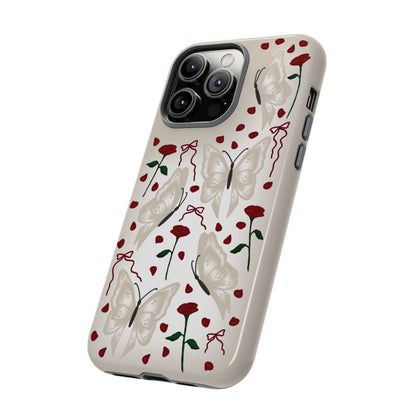 Butterfly rose phone case with red roses, bows & butterflies on white cream. Cute, shock absorbing protection. Fits iPhone, Samsung & Google Pixel models side view