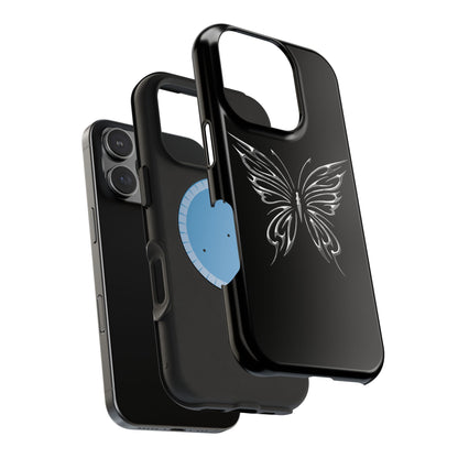 Phone case chrome butterfly on black background. Edgy, gothic, emo design that is very protective. Fits iPhone, Samsung & Google Pixel models. magsafe layers