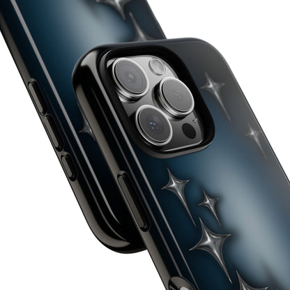 phone case with chrome star design on blue black background. Protective & shock-absorbing. Fits iPhone, Samsung & Google Pixel models. Cool, edgy design close up camera pic