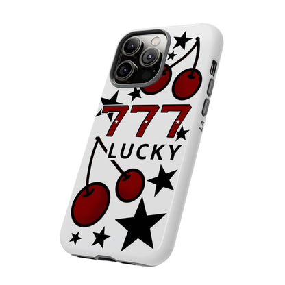 Lucky 777 phone case with red cherries & black stars design. Protective, casino and angel number design, cute & bold. Fits iPhone, Samsung & Google Pixel models side view